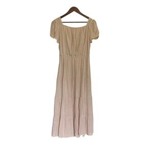 Indigo Rose Womens Beige Tiered Boho Midi Dress Puff Sleeve Modest Peasant NWT